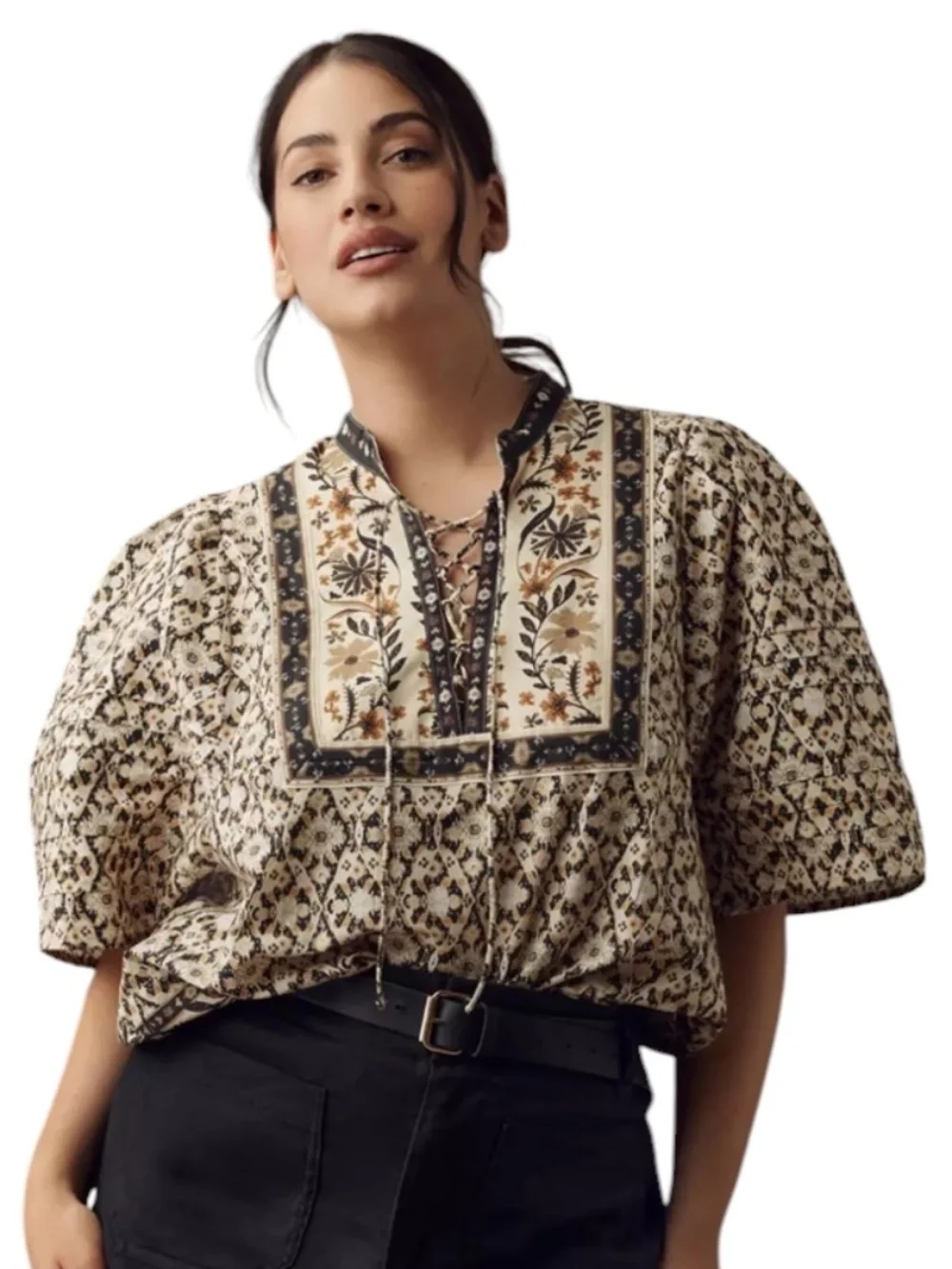 Anthropologie Pleated Puff-Sleeve Blouse Black Motif Size XSP
